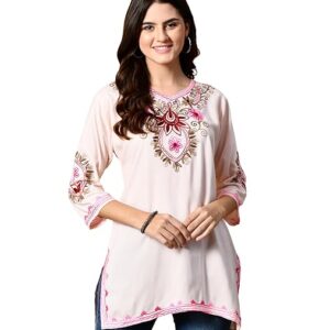 LIBOZA Embroidered Kashmiri Tunic Top, Short Kurti for Women on Jeans, V-Neck, 3/4 Sleeve, Floral Design,